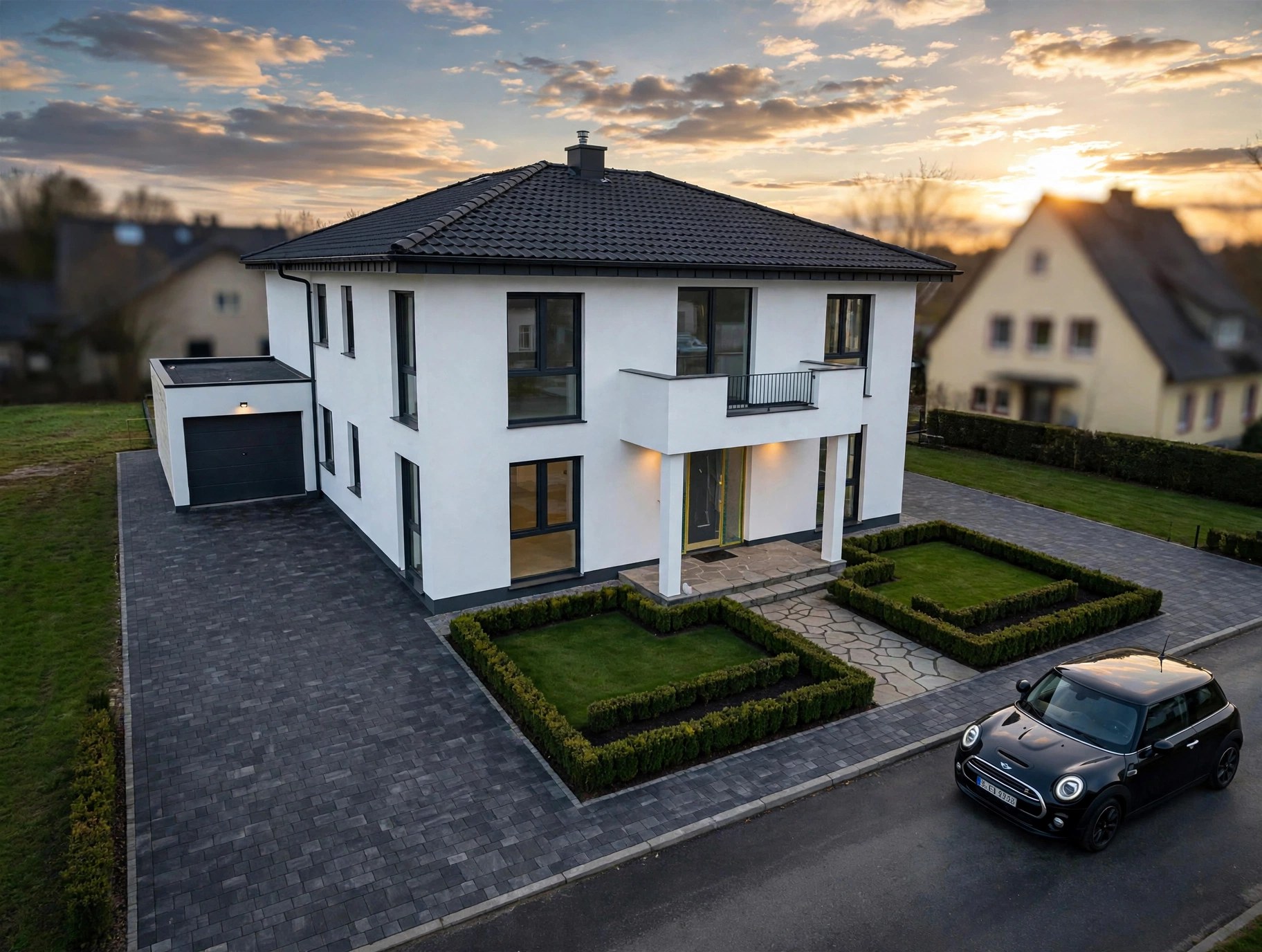 Neubau-Stilvilla in Bad Salzuflen-Schötmar von der Straßenseite im Abendlicht, mit Garage, gepflasterter Zufahrt und eingefassten Vorgärten