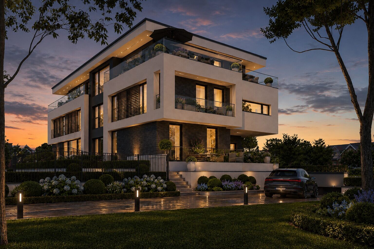 Neubauprojekt Premium Living in Bad Oeynhausen – Wohnanlage in stimmungsvoller Abend-/Nachtansicht