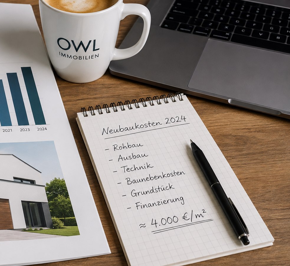 Schreibtisch mit handschriftlicher Kostenaufstellung zum Neubau und Kaffeetasse