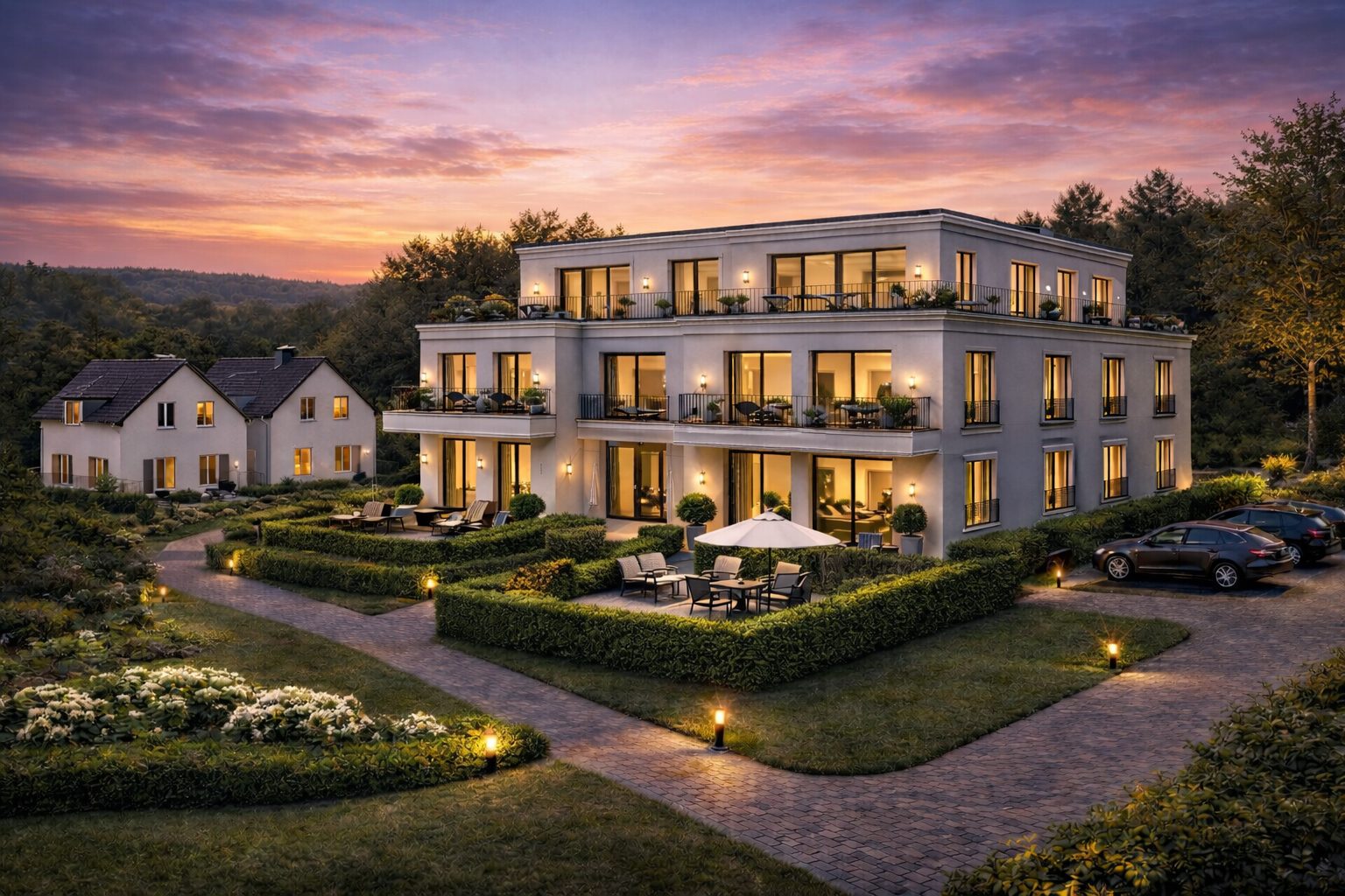 Hochwertige Neubau-Residenz im Abendlicht – Eigenprojekt von Immobilienservice OWL in Bad Oeynhausen