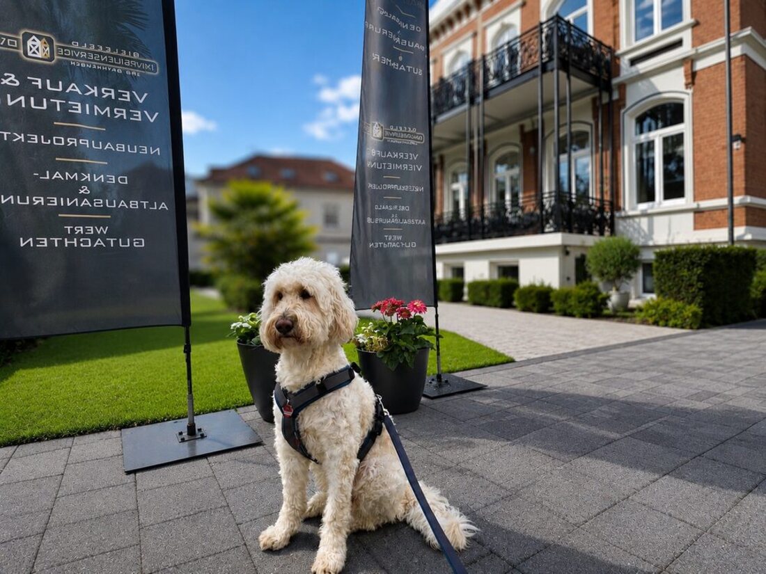 Bürohund Luna vor den Aufstellern von Immobilienservice OWL in Bad Oeynhausen – Verkauf, Vermietung, Denkmal- & Altbausanierung, Wertgutachten