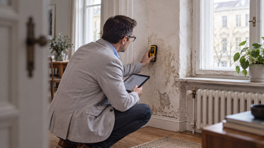 Sachverständiger misst mit einem Feuchtemessgerät eine rissige, feuchte Putzwand in einem Altbau