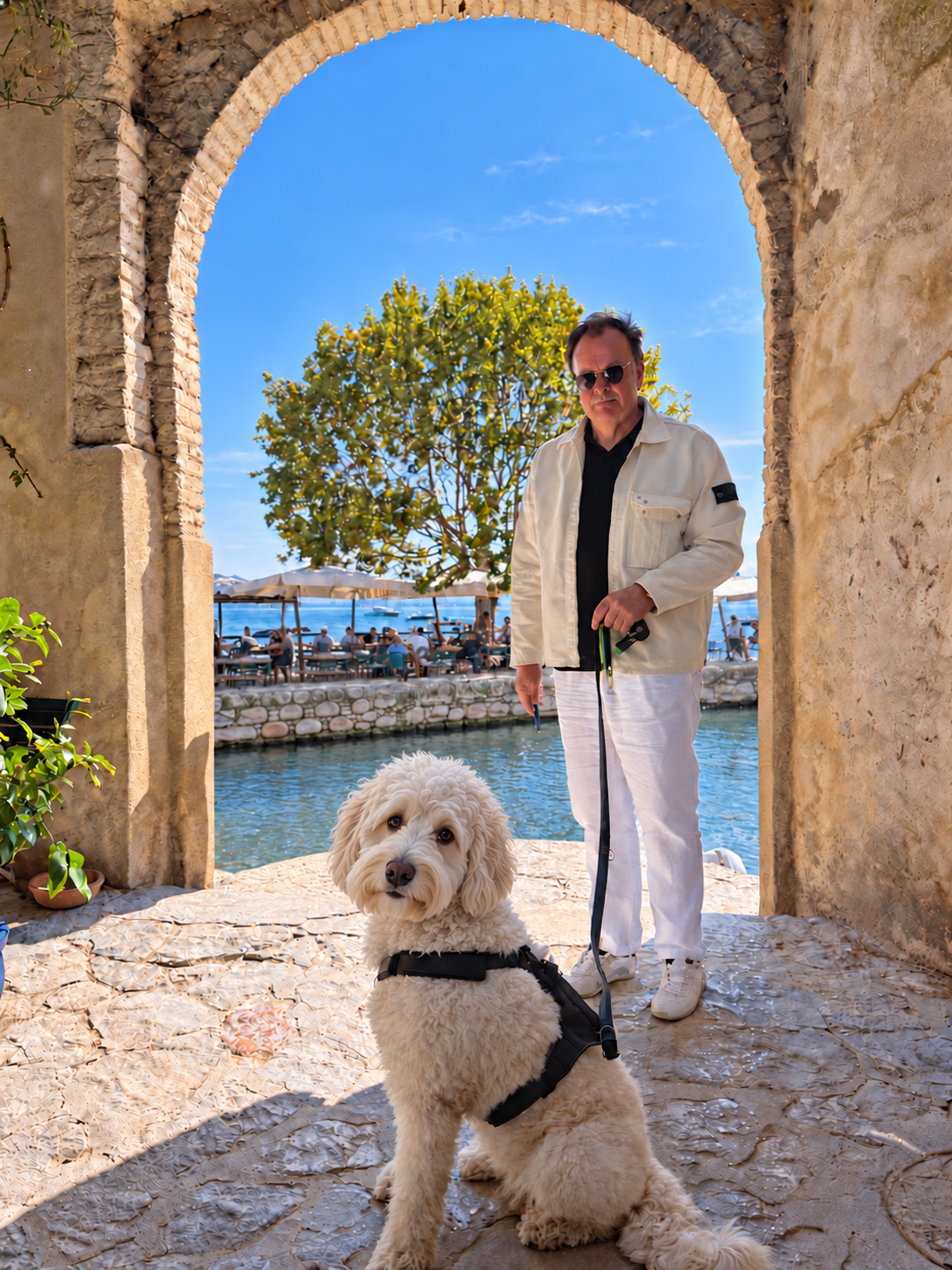 Thomas Valdorf, Inhaber von Immobilienservice OWL, mit Bürohund Luna unter einem Torbogen am Wasser