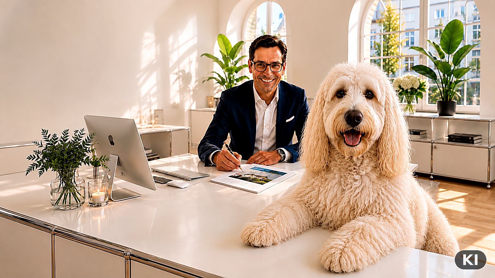 Persönliche Verkaufs- und Bewertungsberatung bei Immobilienservice OWL in Bad Oeynhausen – Makler mit Exposé und Bürohund Luna