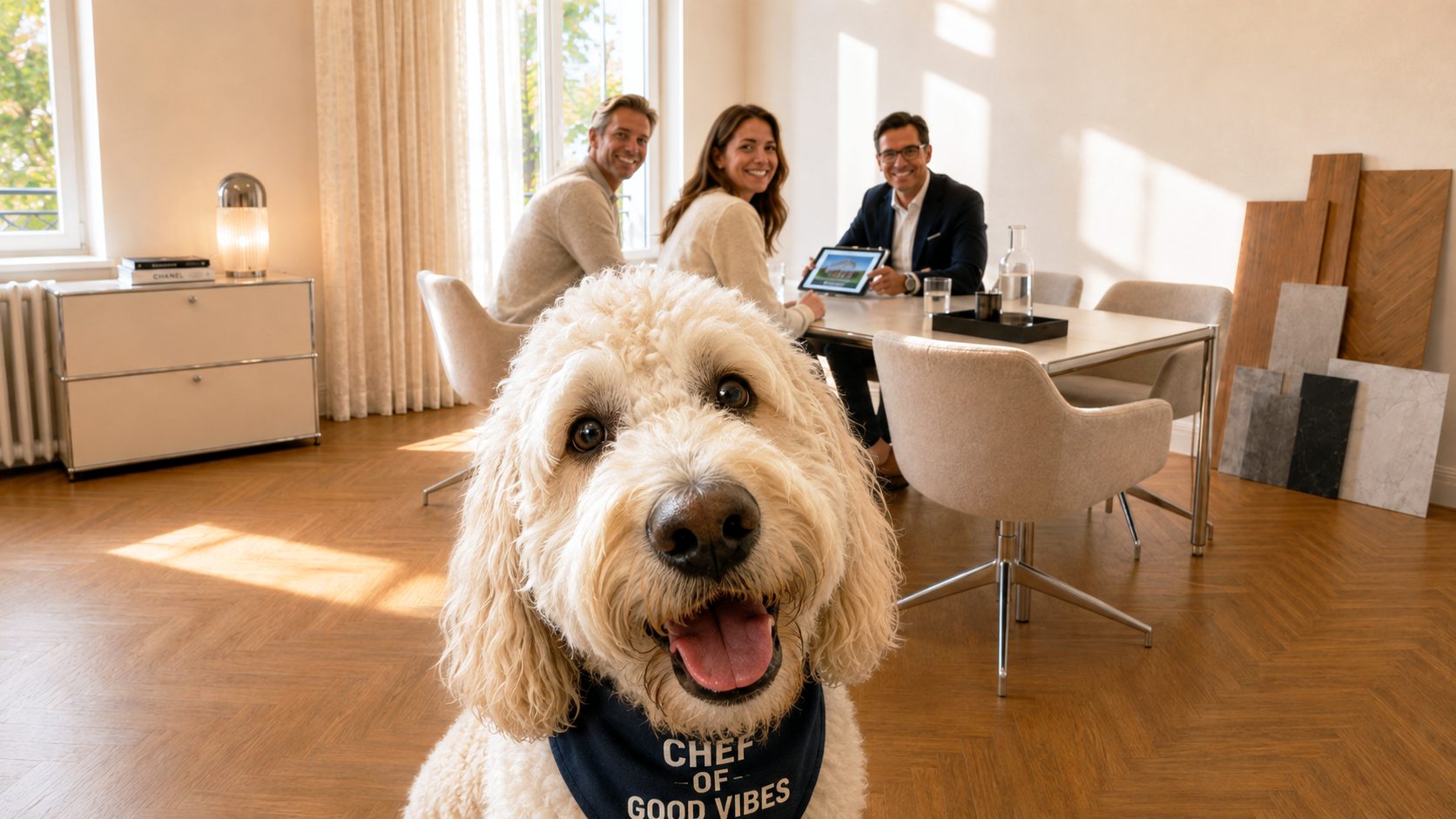 Verkaufsberatung bei Immobilienservice-OWL.com in Bad Oeynhausen: Eigentümerpaar und Sachverständiger am Besprechungstisch, Bürohund Luna im Vordergrund