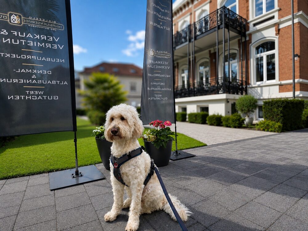 Luna, der weiße Goldendoodle von Immobilienservice OWL, vor dem Büro an der Herforder Straße 48