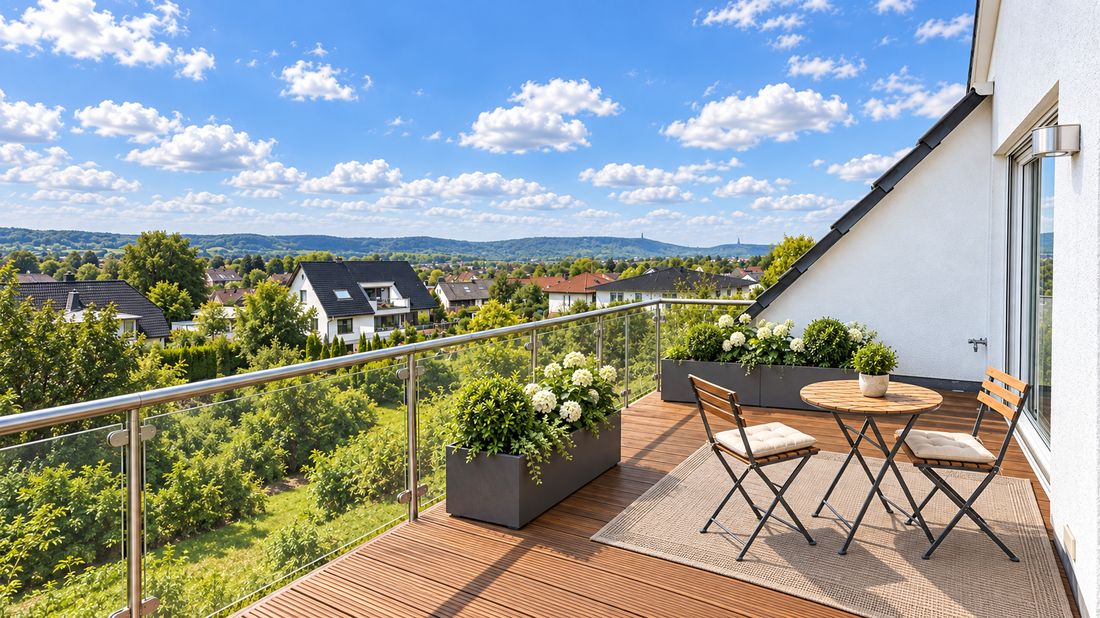 Großer Balkon mit Bangkirai-Holzbelag und transparenter Glasbalustrade, Blick über die Südstadt von Bad Oeynhausen