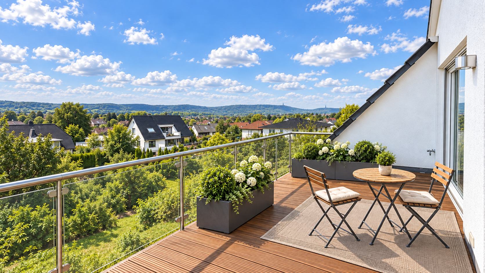 Balkon der Maisonettewohnung in der Bad Oeynhausener Südstadt mit Glasbalustrade, Sitzplatz und Blick über die Stadt bis zum Wiehengebirge