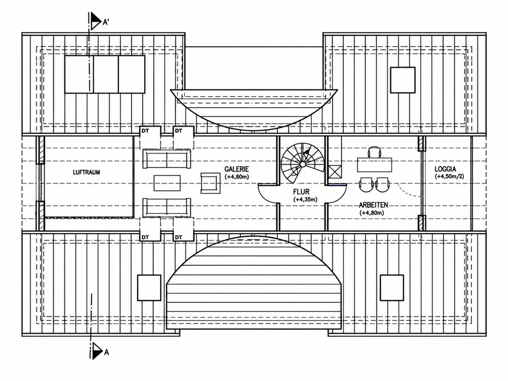 Grundriss des Dachgeschosses mit Galerie und Arbeitsbereich auf +4,80 m, Flur, Loggia und dem Luftraum über dem Wohnraum