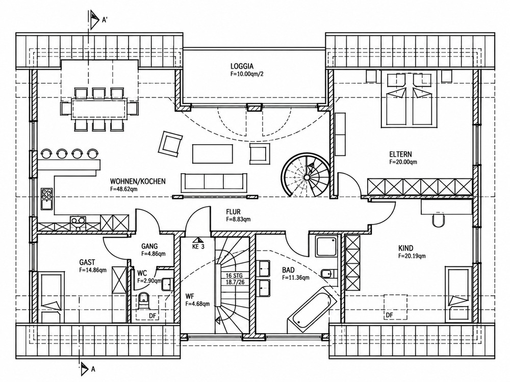 Grundriss der Wohnebene: Wohnen und Kochen 48,62 m², Eltern 20,00 m², Kind 20,19 m², Gast 14,86 m², Bad 11,36 m², Flur 8,83 m², Loggia sowie die frei stehende Wendeltreppe