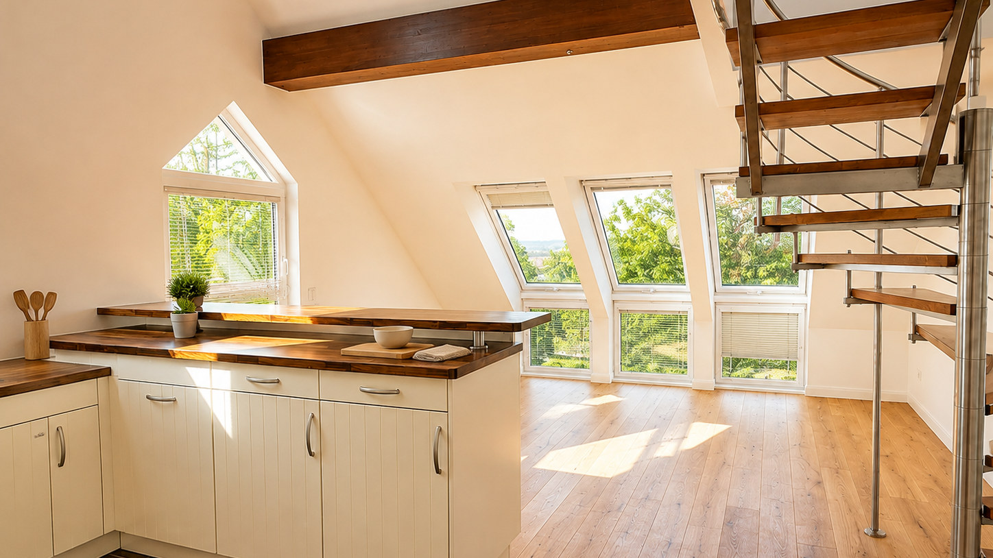 Offener Küchen- und Essbereich der Maisonettewohnung mit Dachschrägenfenstern, Holzbalken und freistehender Edelstahl-Wendeltreppe
