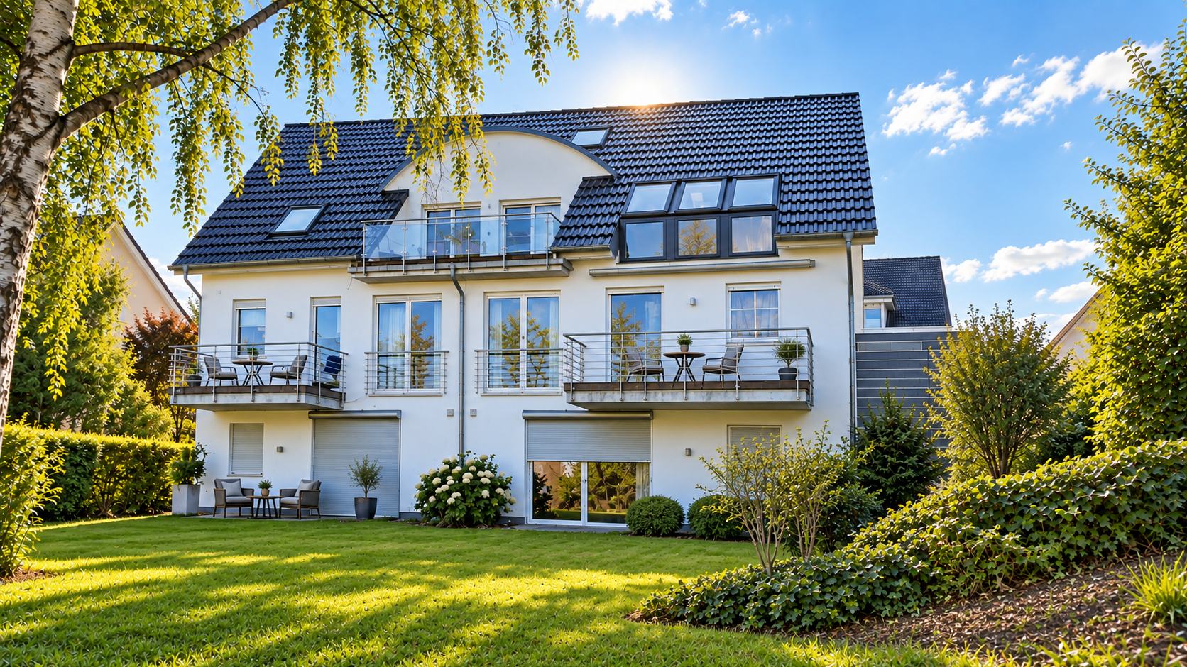 Nordansicht des Mehrfamilienhauses in der Bad Oeynhausener Südstadt mit Balkonen und Gartenanlage