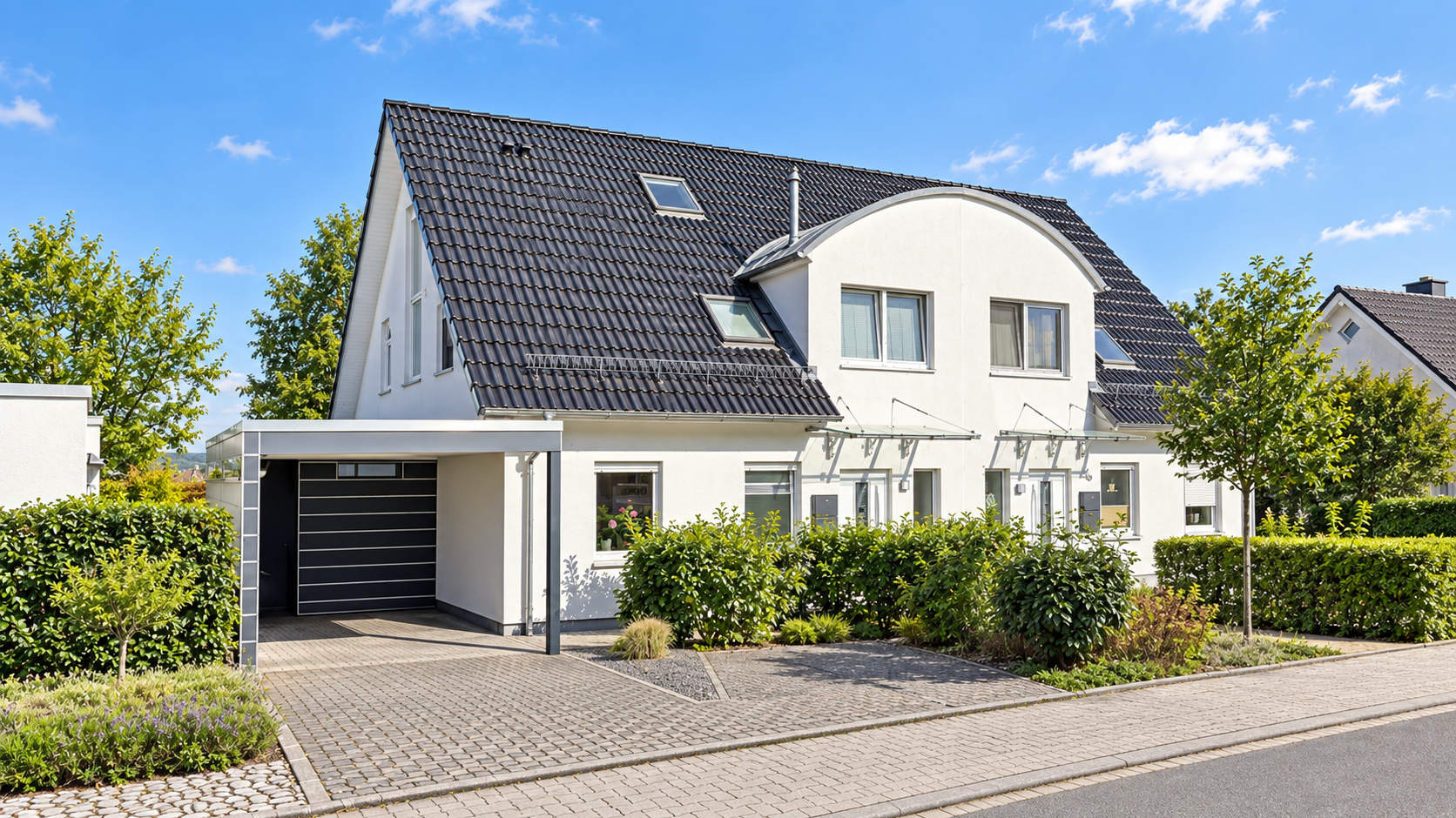 Südseite des Hauses in der Bad Oeynhausener Südstadt mit Eingangsbereich, Glasvordächern und Designer-Carport